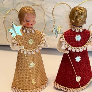 vintage Christmas angels (2) plastic head, burlap, glitter, net wings, wand